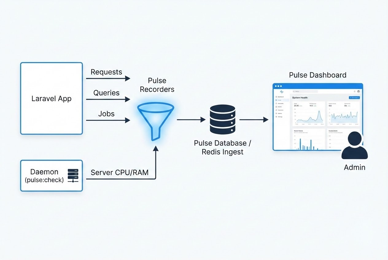System flow diagram illustrating Laravel Pulse architecture with Recorders and Dashboard