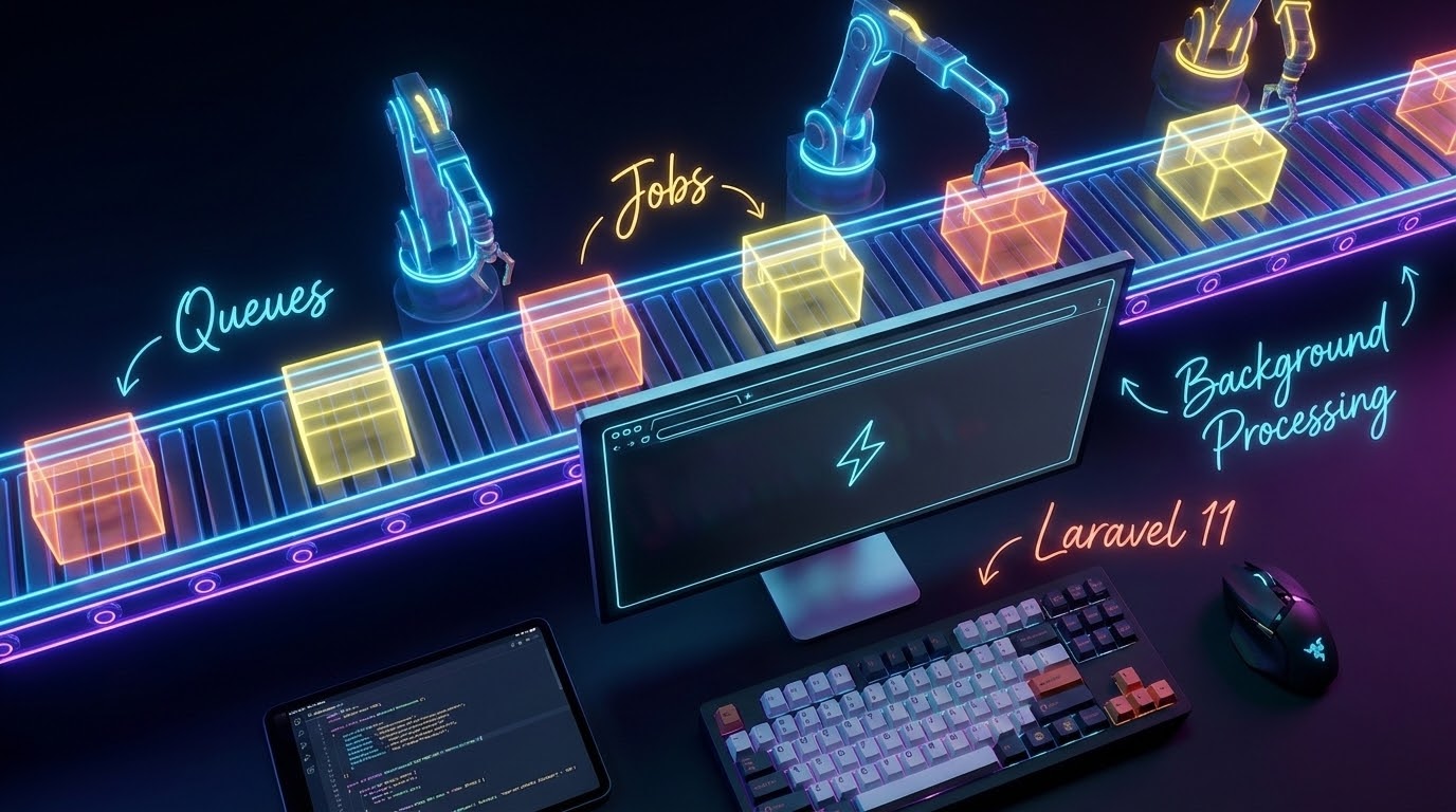 A futuristic conveyor belt representing Laravel Queues and Jobs processing tasks in the background