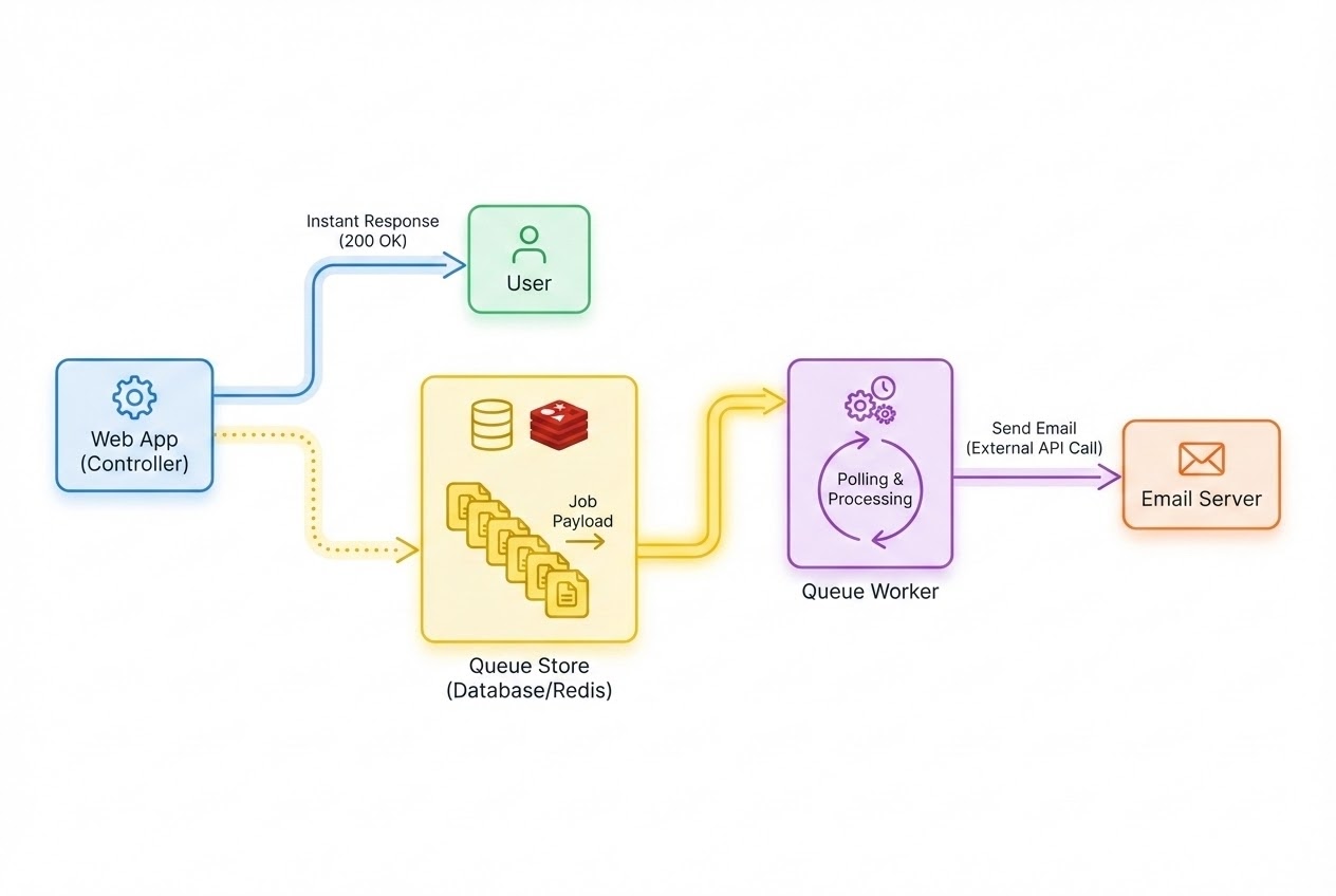 System flow diagram showing Web App sending Jobs to a Queue, which are later processed by a Queue Worker