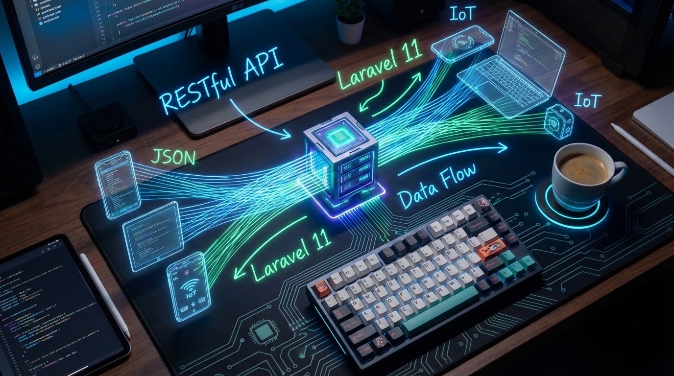 A holographic bridge connecting a server to devices representing an API