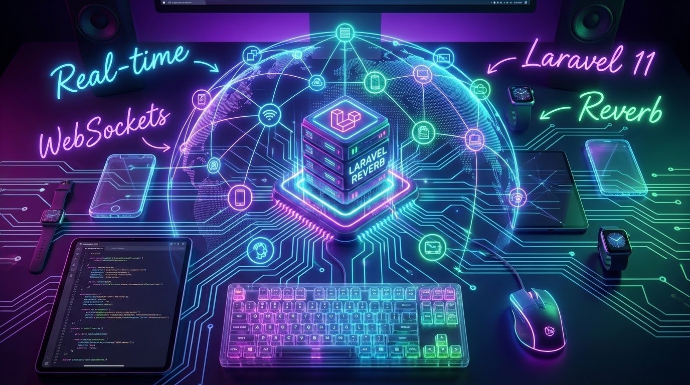 A glowing holographic network representing Laravel Reverb WebSocket connections