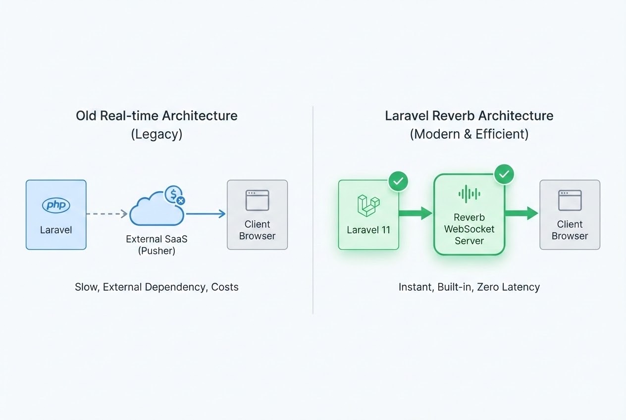 System flow diagram comparing old external SaaS architecture vs the new built-in Laravel Reverb WebSocket Server