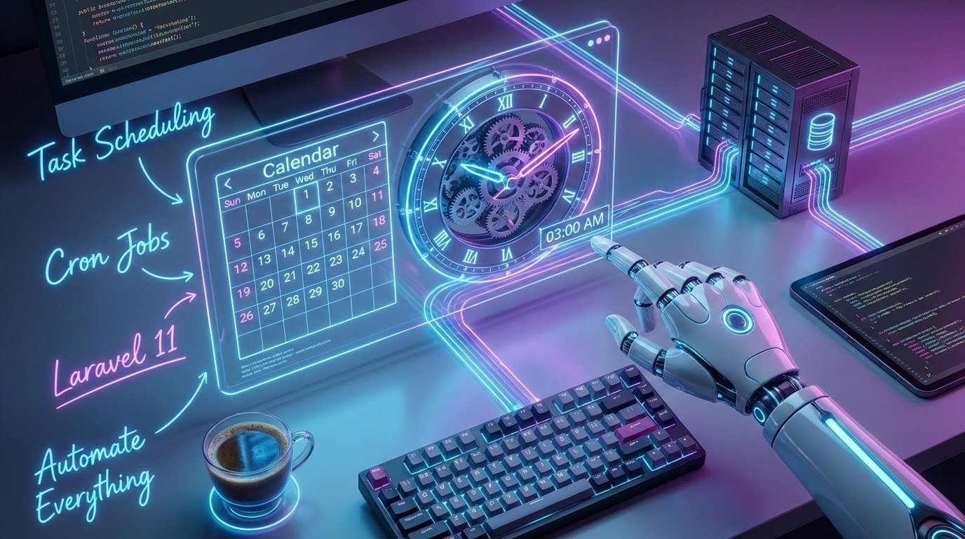 A futuristic holographic calendar and clock representing Laravel Task Scheduling