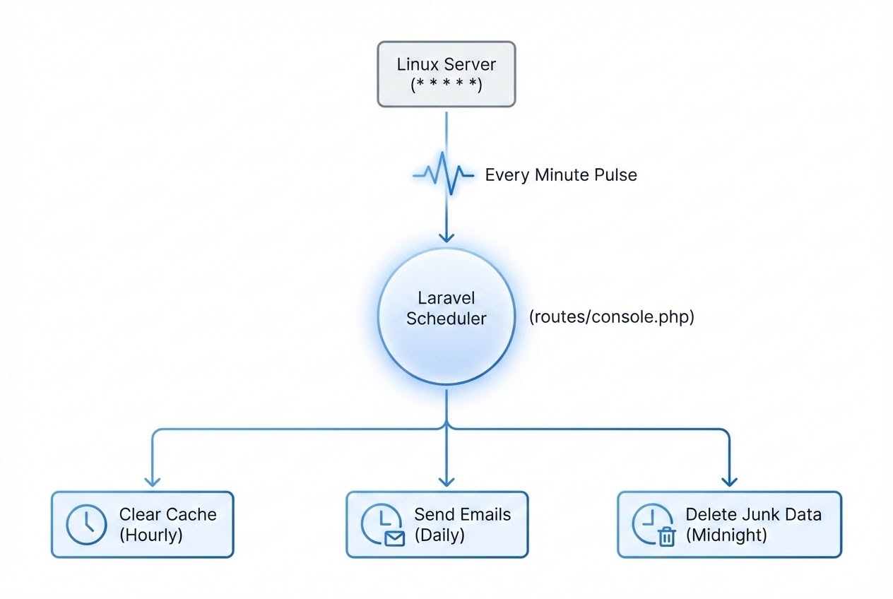 System flow diagram showing a single Linux Cron triggering multiple Laravel tasks via routes/console.php