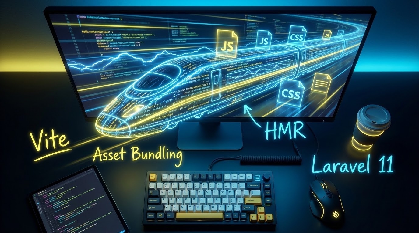 A futuristic developer desk showing Vite as a high-speed bullet train transporting code