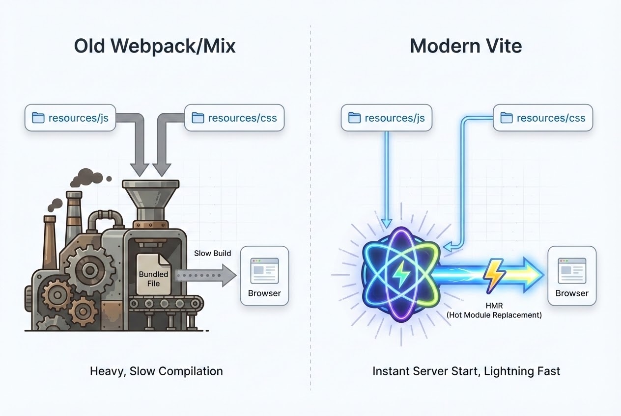 System flow diagram comparing old Webpack Mix vs Modern Vite with HMR