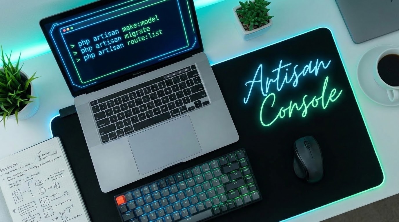 A glowing futuristic command terminal representing Artisan Console