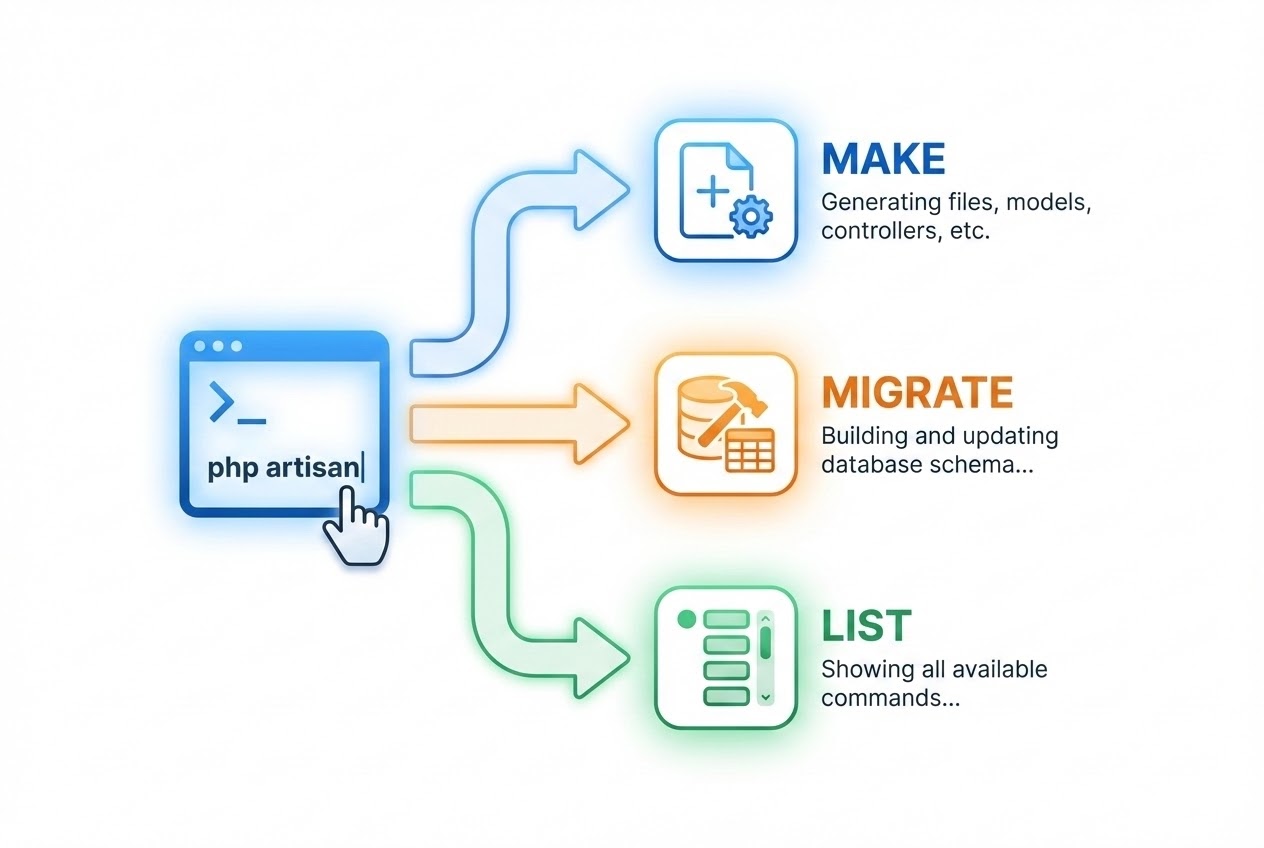 System flow diagram showing make, migrate, and list commands