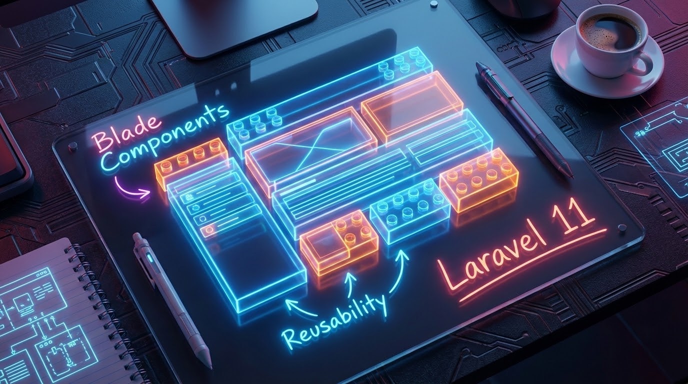 A futuristic developer desk with holographic Lego-like blocks forming a web UI