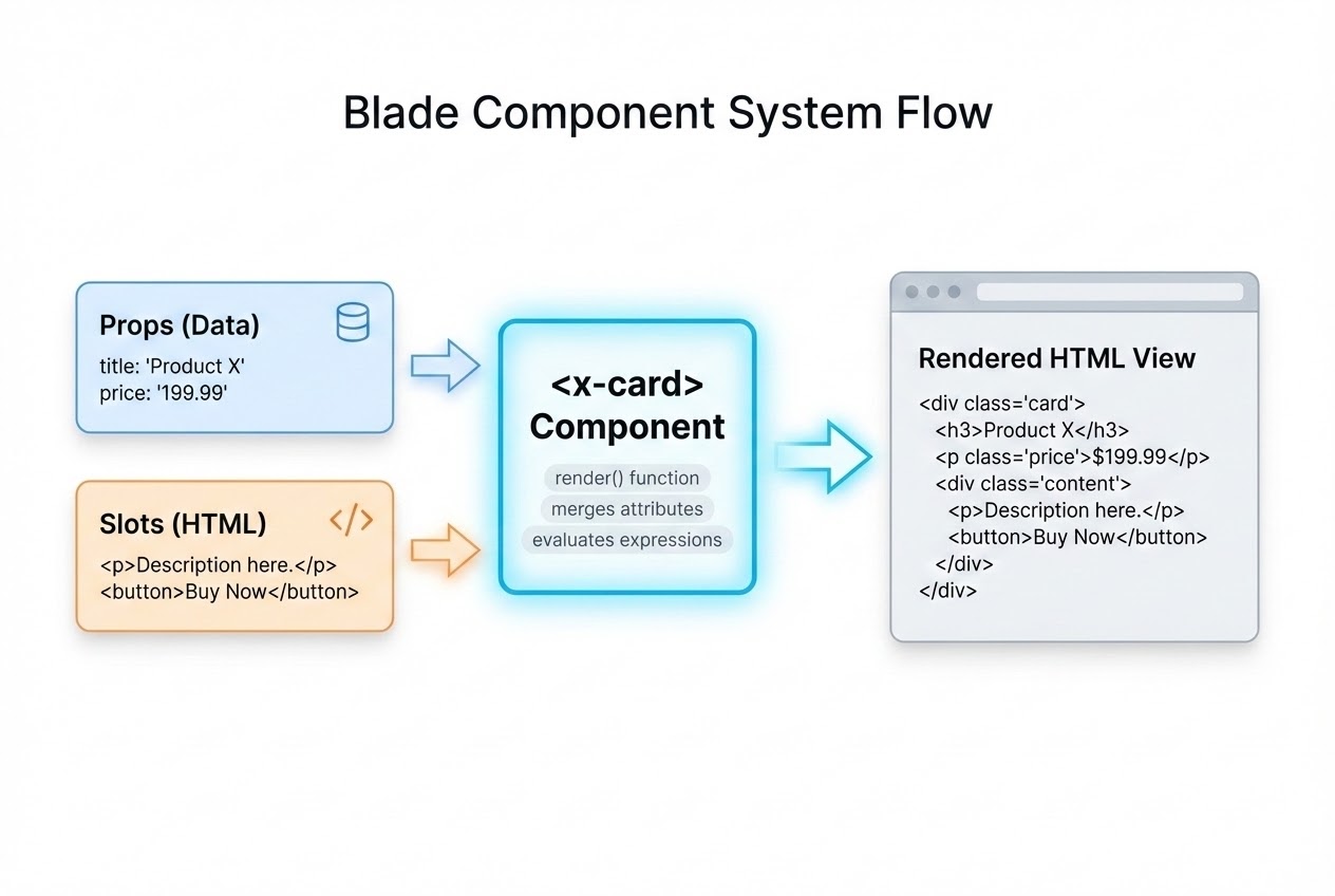 System flow diagram illustrating Props and Slots feeding into a Blade Component