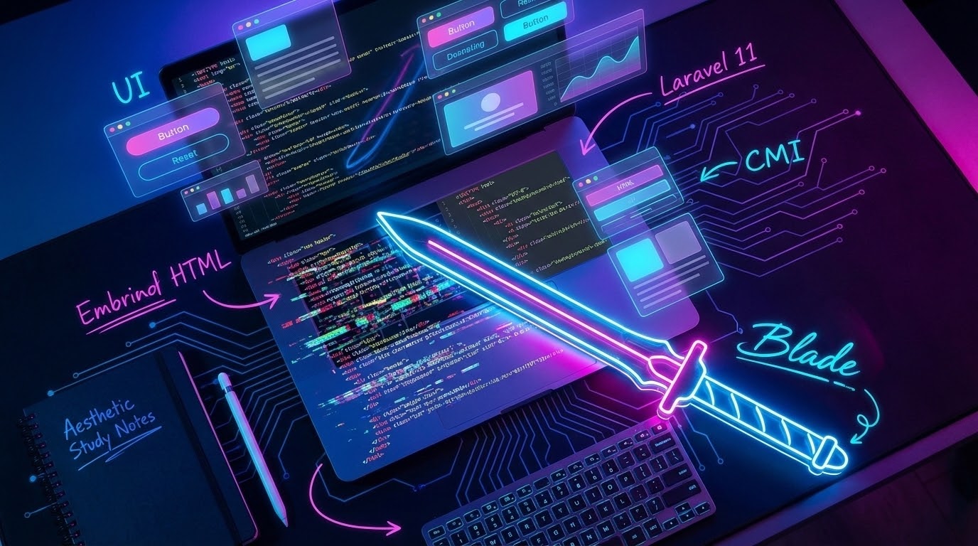 A futuristic developer workspace with UI components and a glowing sword representing Blade