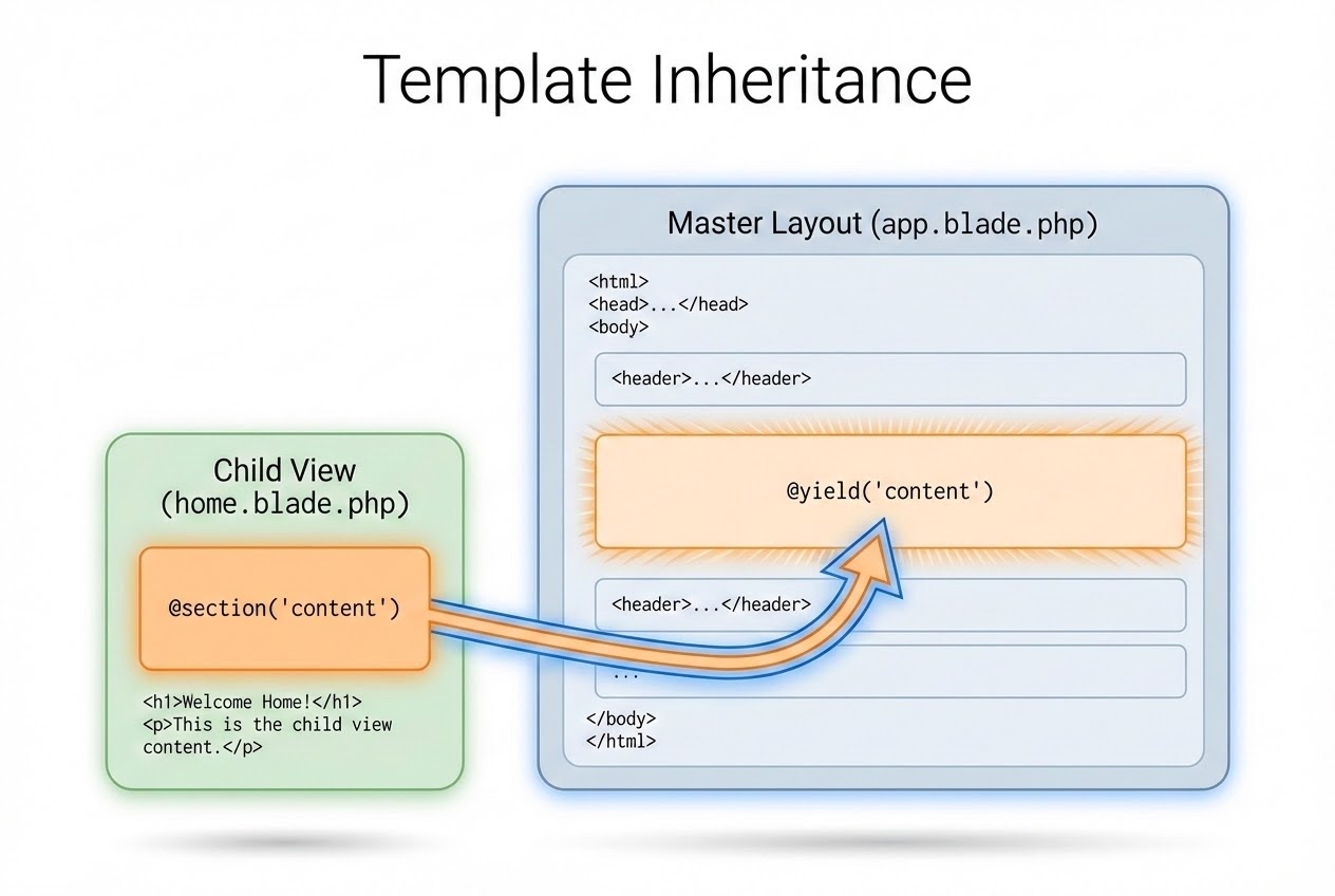 System flow diagram illustrating Template Inheritance with Master Layout and Child View
