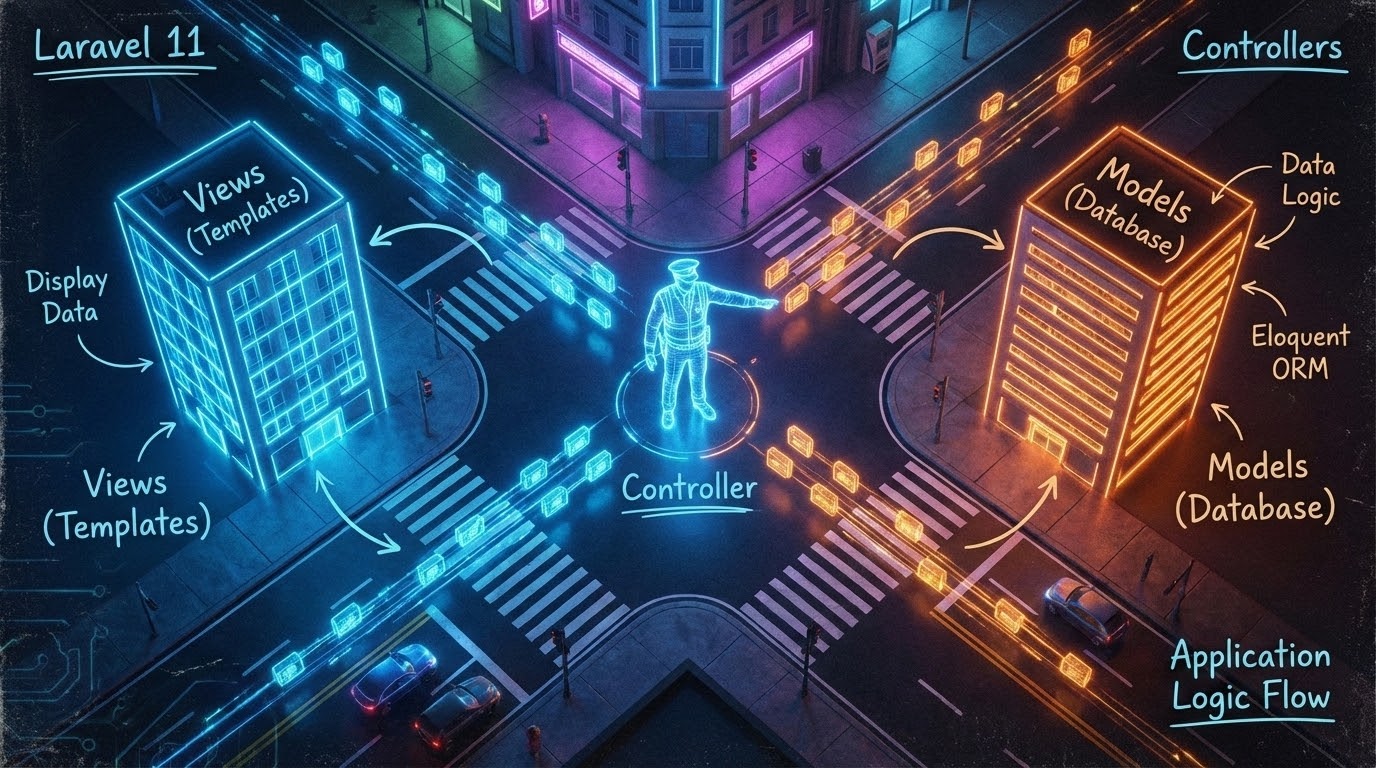 A holographic traffic cop directing glowing data packets in a futuristic city