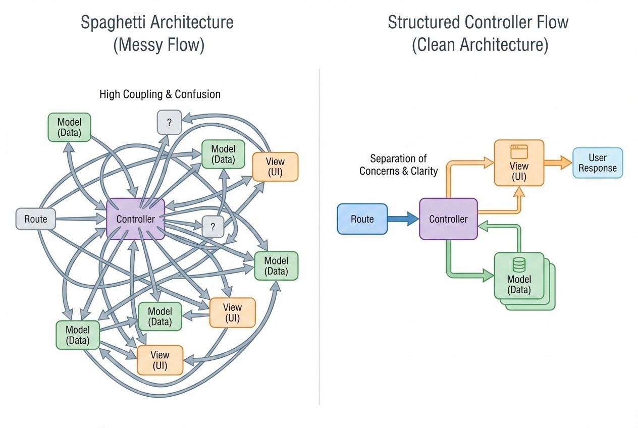 System flow diagram showing Route pointing to Controller branching to Model and View