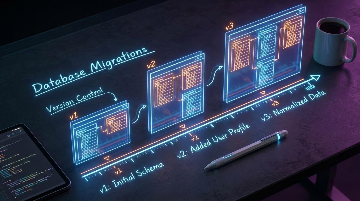 A futuristic architect's desk with glowing holographic database blueprints