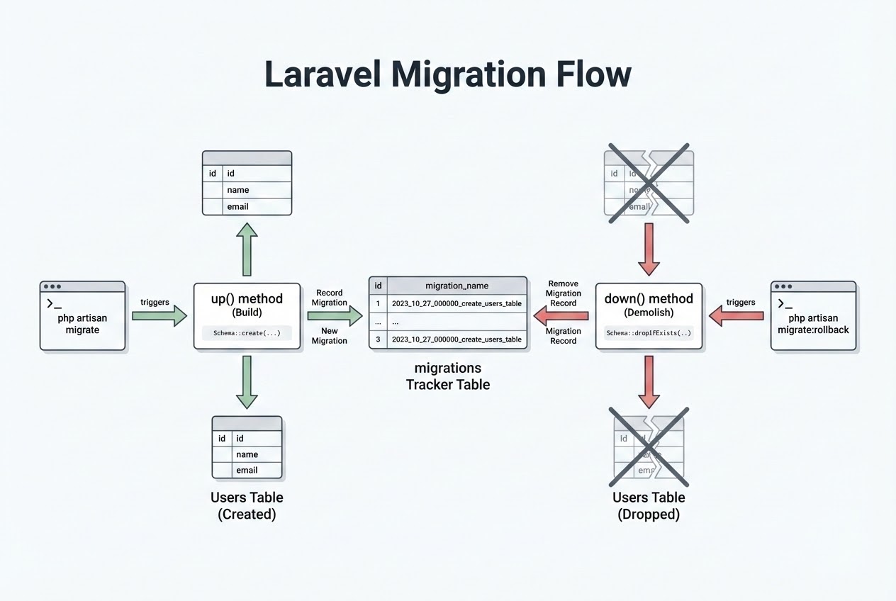 System flow diagram showing up() creating tables and down() dropping them