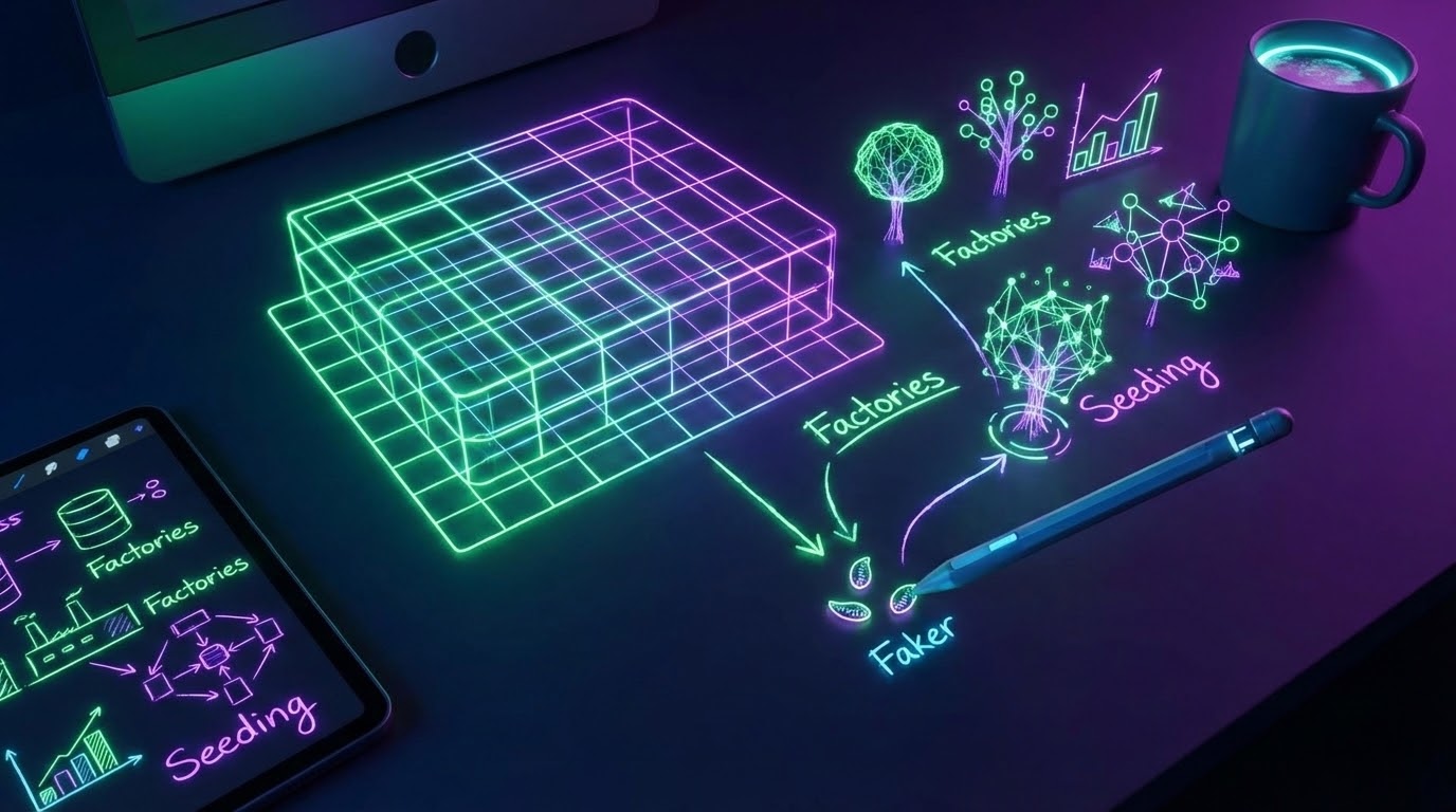 A futuristic developer desk with holographic seeds transforming into database structures
