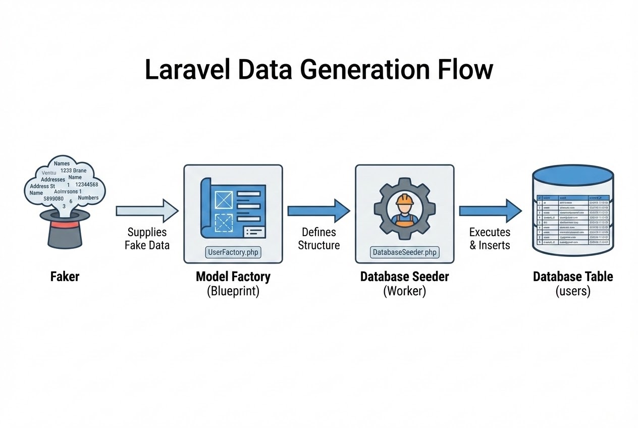 System flow diagram showing Faker feeding Factory, which is executed by Seeder into the Database
