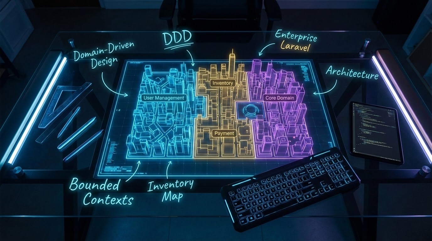 Holographic blueprints organizing a digital city representing Domain-Driven Design