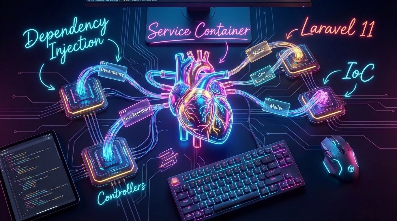A futuristic mechanical heart representing the Laravel Service Container pumping dependencies into application modules