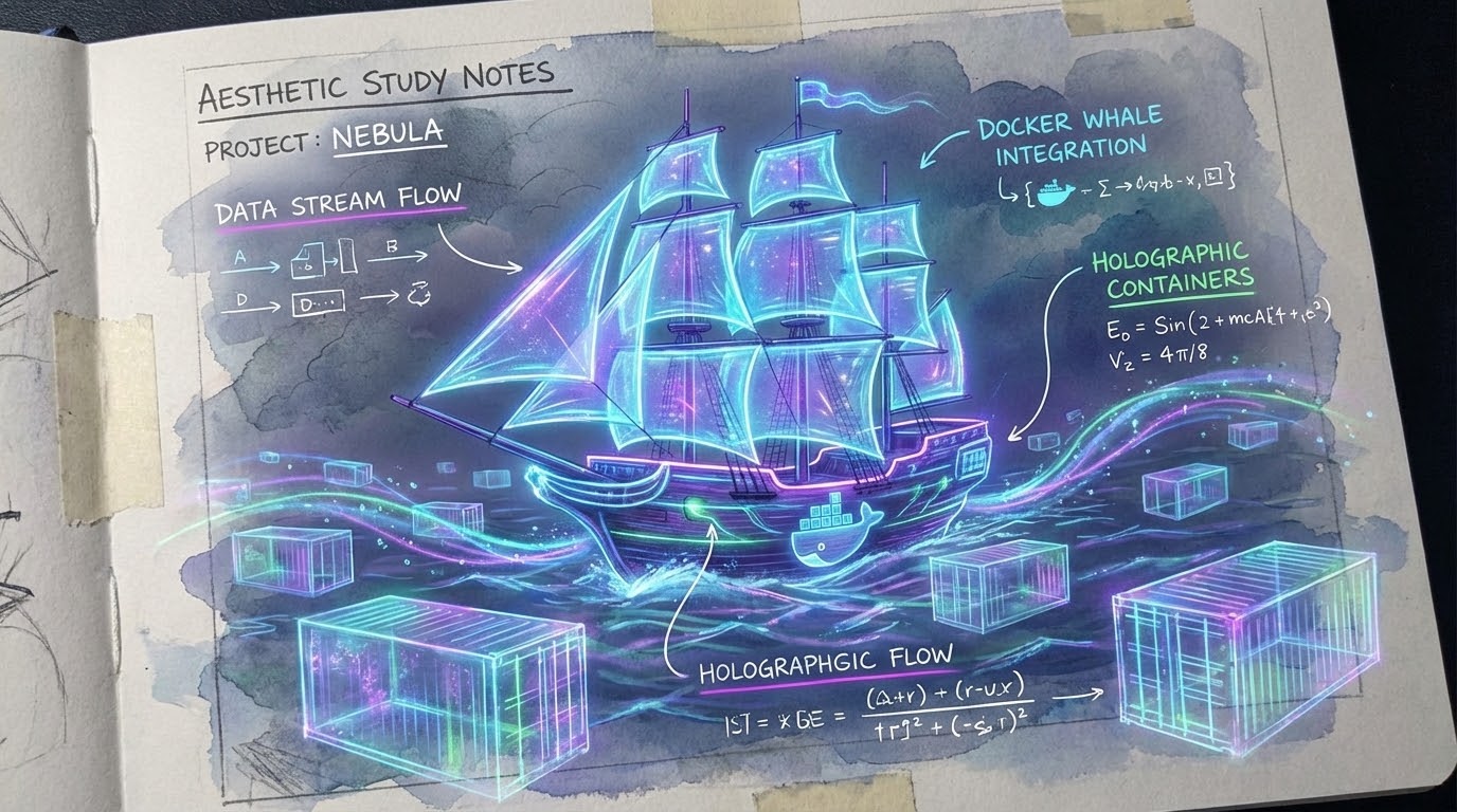 A glowing futuristic sailing ship navigating through a sea of floating holographic digital containers