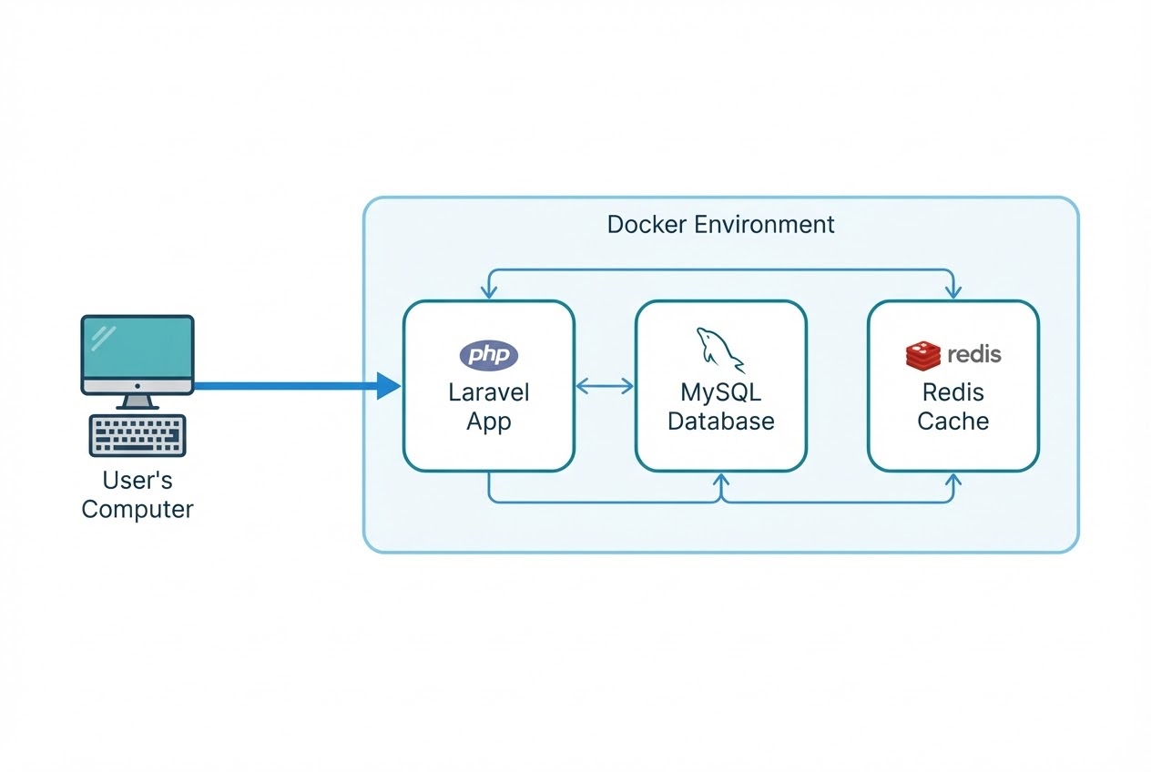System flow diagram showing isolated containers for Laravel App, MySQL Database, and Redis Cache