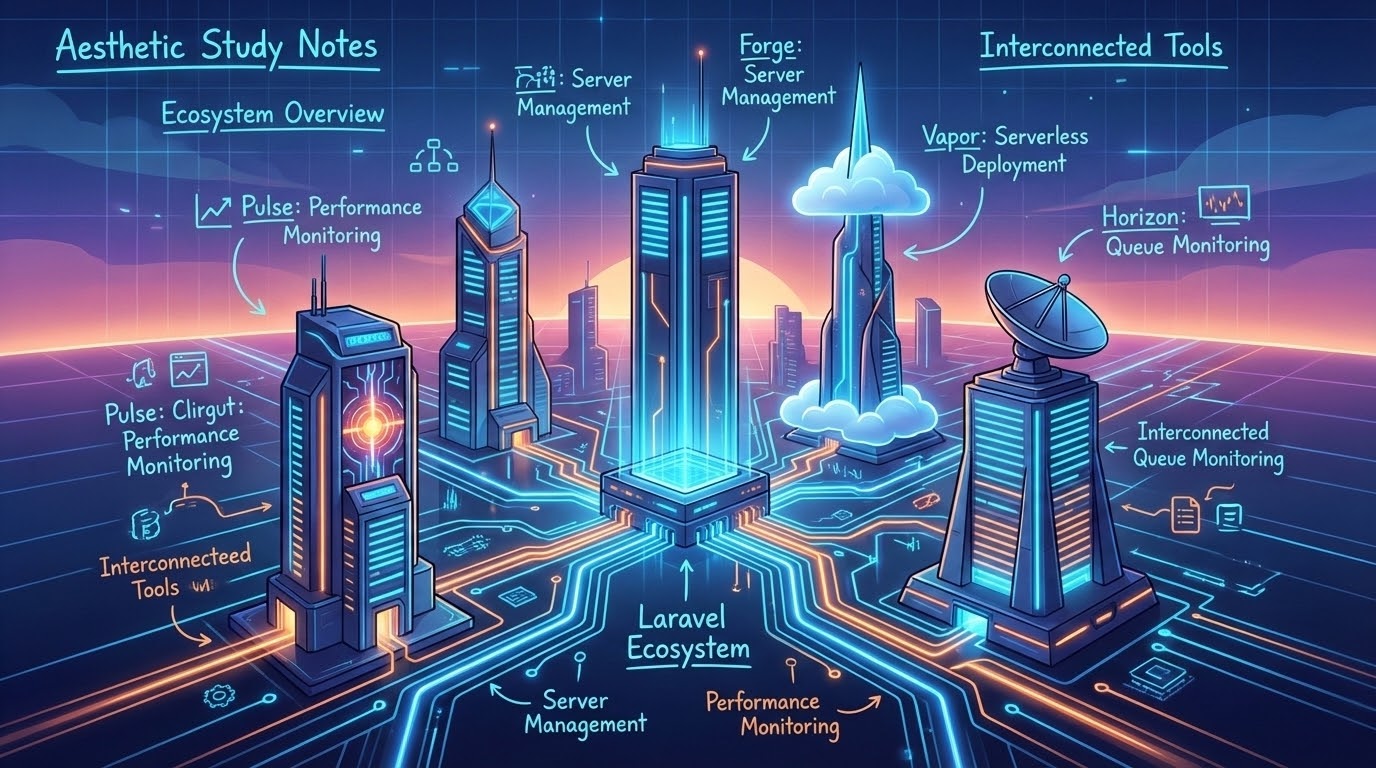 A glowing futuristic metropolis representing the Laravel ecosystem