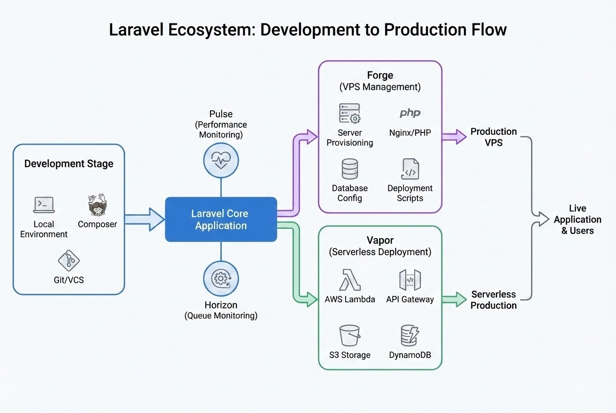 System flow diagram showing the Laravel Ecosystem from Development to Production
