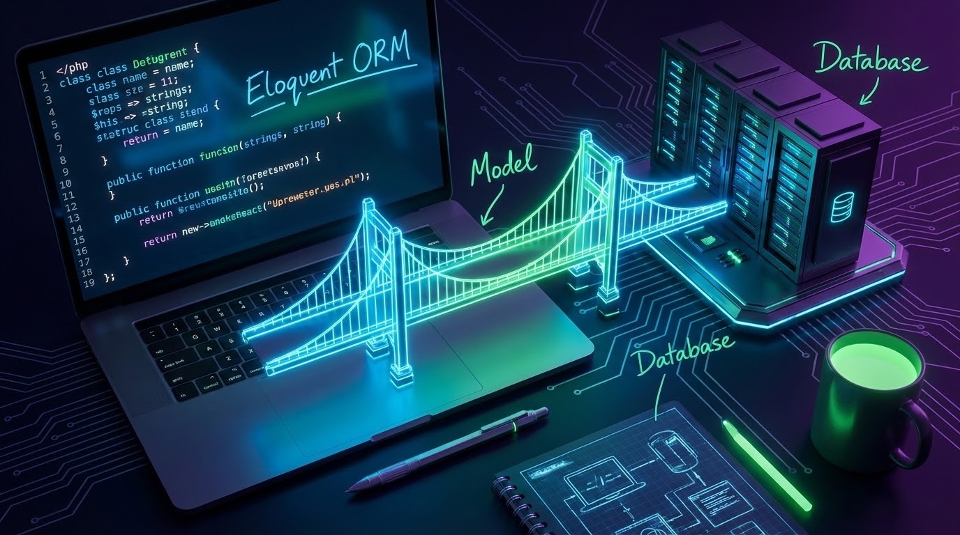 A holographic bridge connecting object-oriented code to a database server representing Eloquent ORM