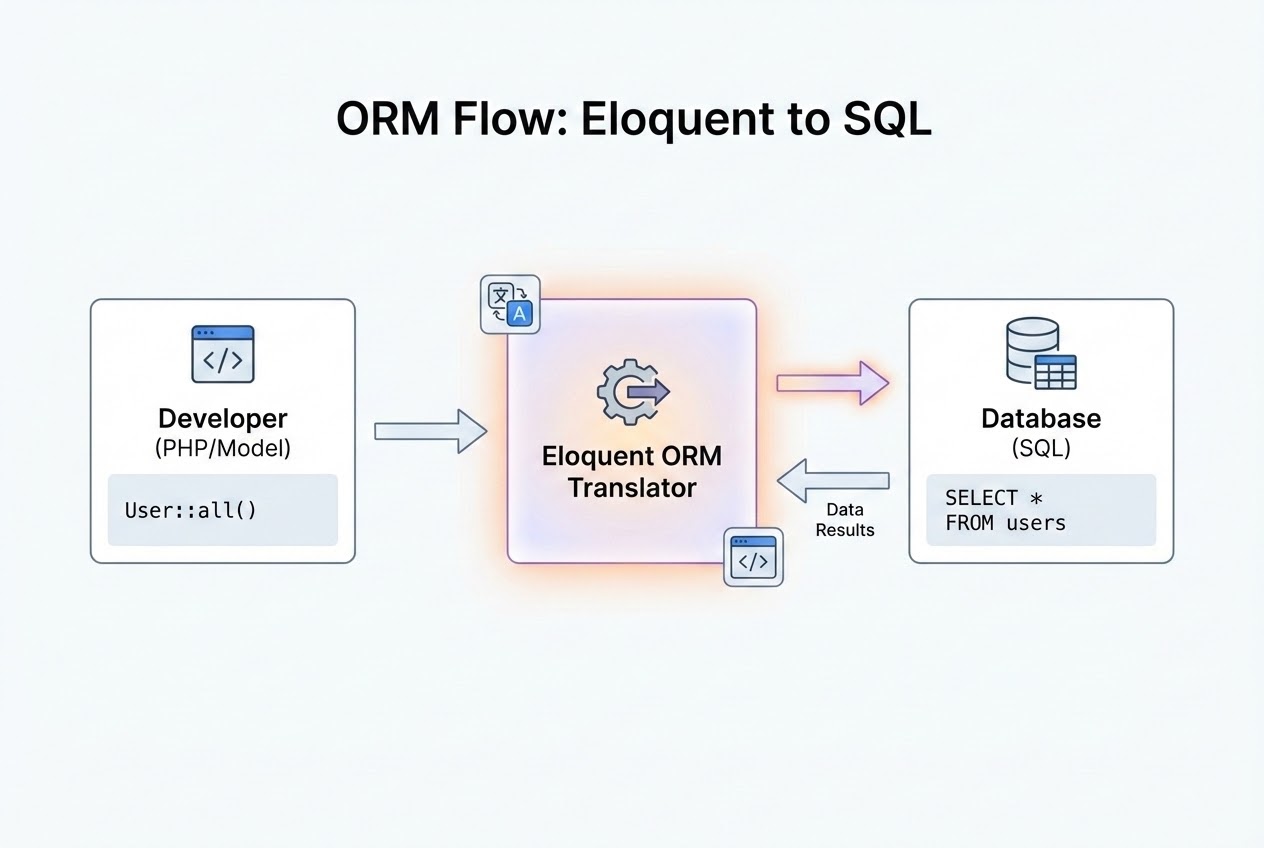 System flow diagram illustrating the ORM concept translating Model commands to SQL