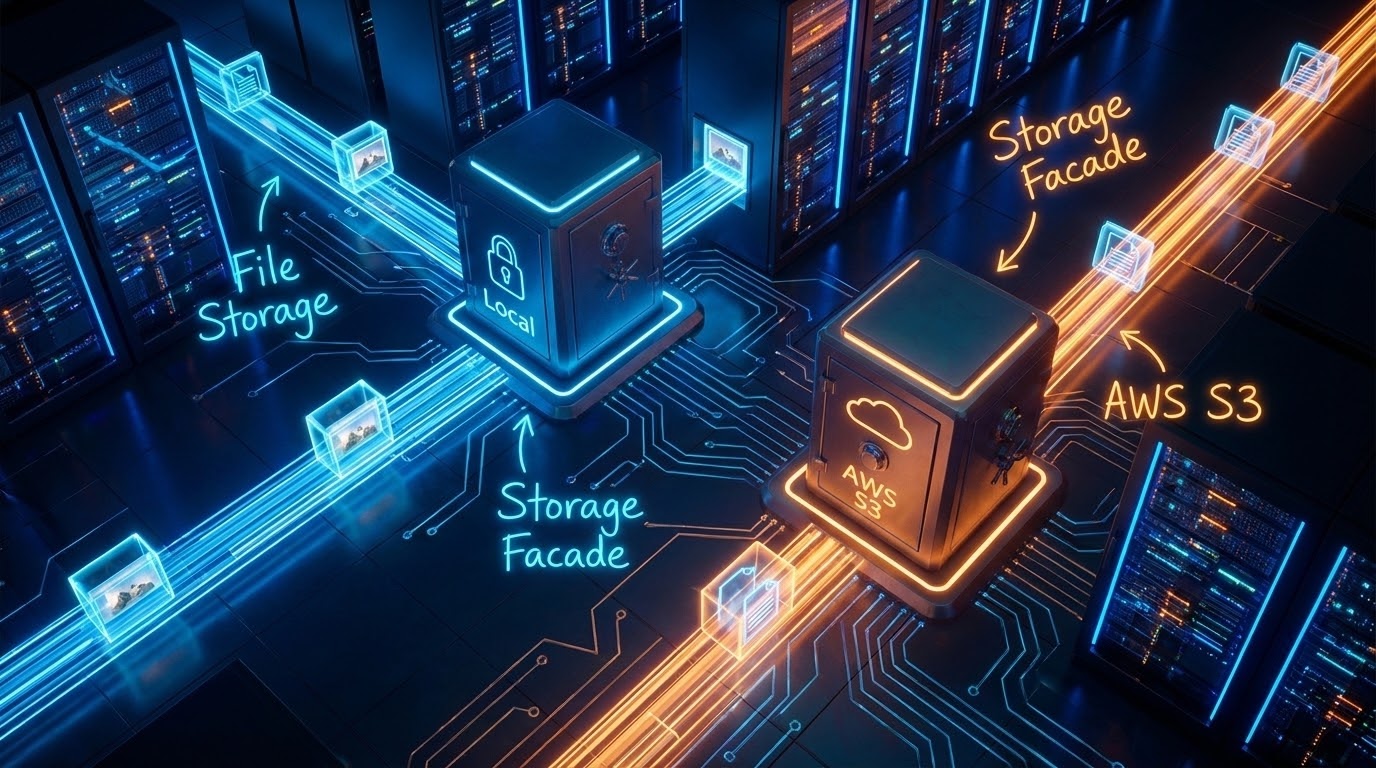 A futuristic digital warehouse representing Laravel File Storage