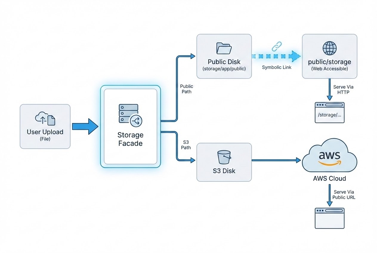 System flow diagram illustrating Laravel File Storage with Local and Cloud Disks