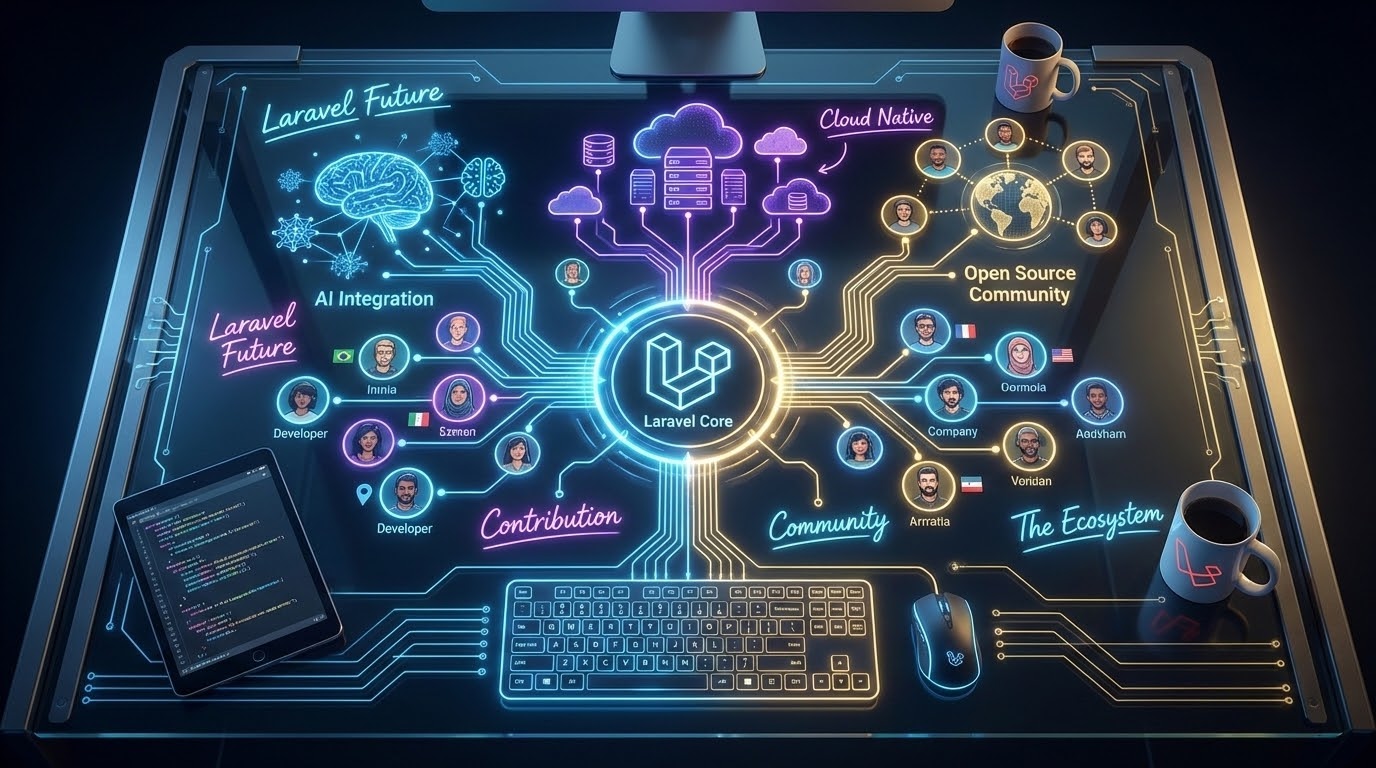 A holographic roadmap showing the future of Laravel and global developer community