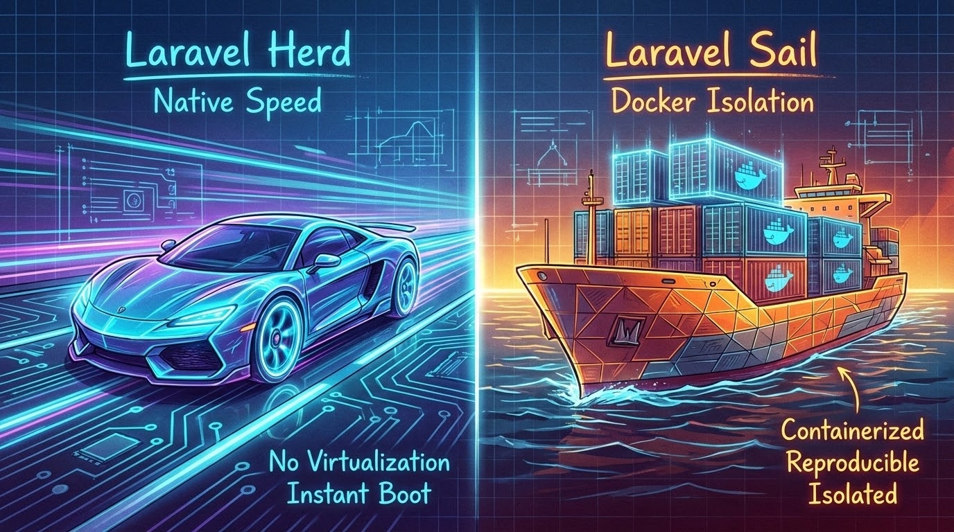 A split-screen illustration comparing a sleek sports car (Herd) and a container ship (Sail)