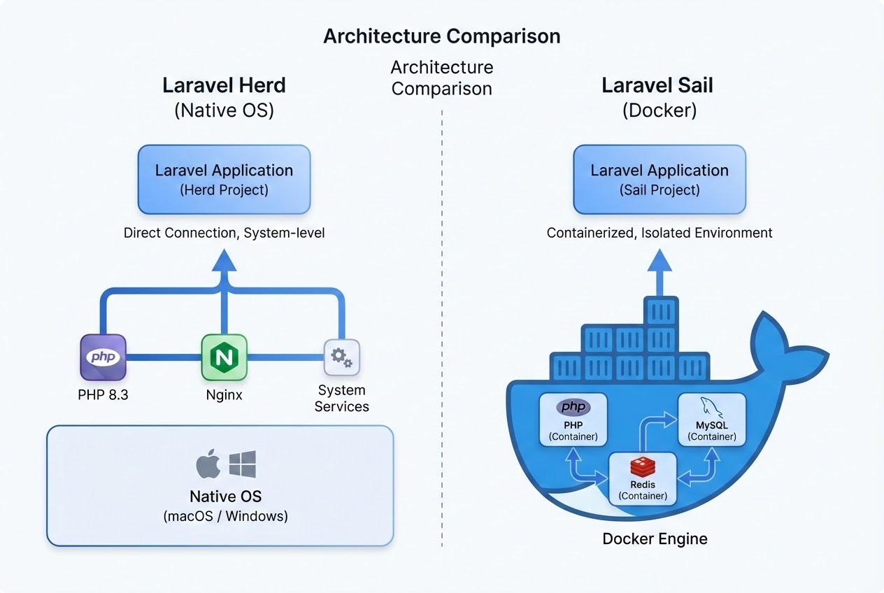System flow diagram comparing Native OS execution of Herd vs Docker container isolation of Sail