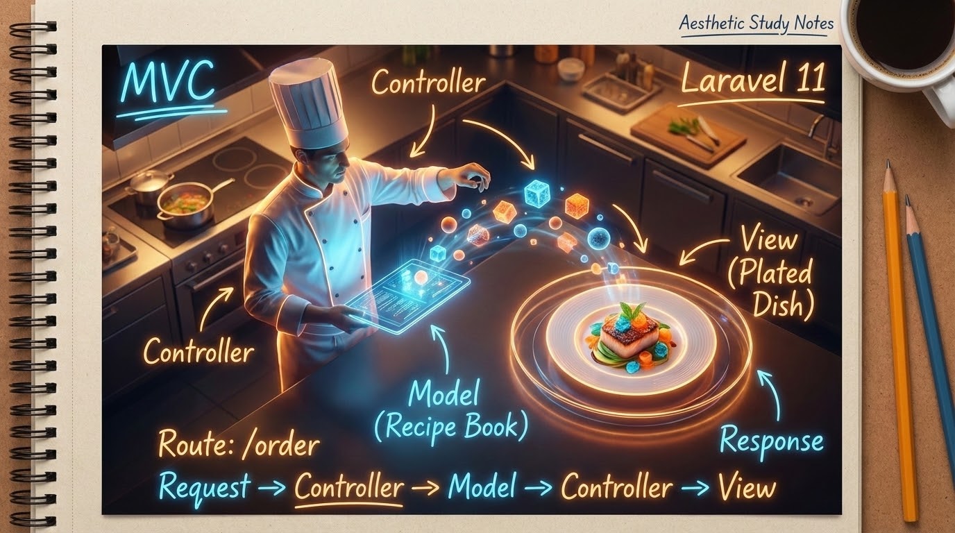 A futuristic restaurant kitchen representing Laravel MVC Architecture