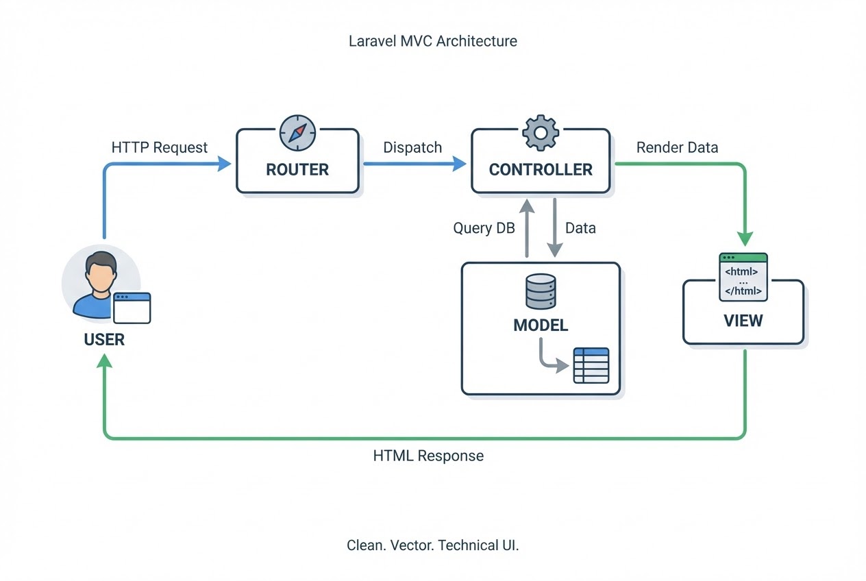 System flow diagram of Laravel MVC Architecture showing Router, Controller, Model, and View