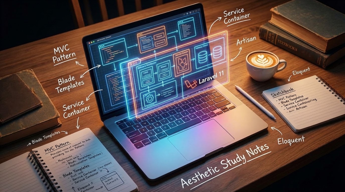 Holographic blueprints of a Laravel software architecture on a developer's desk