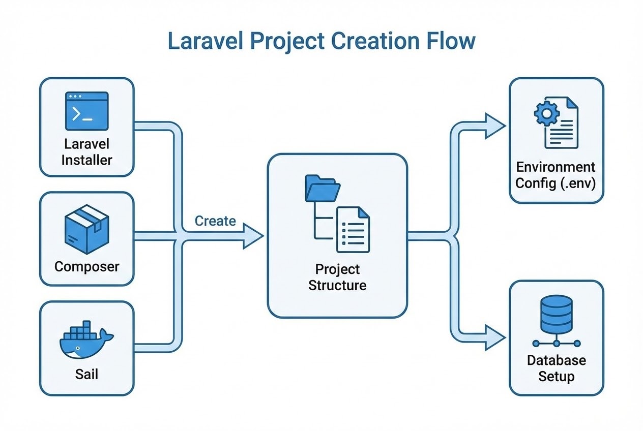 Clean minimalist system flow diagram showing the Laravel project creation process