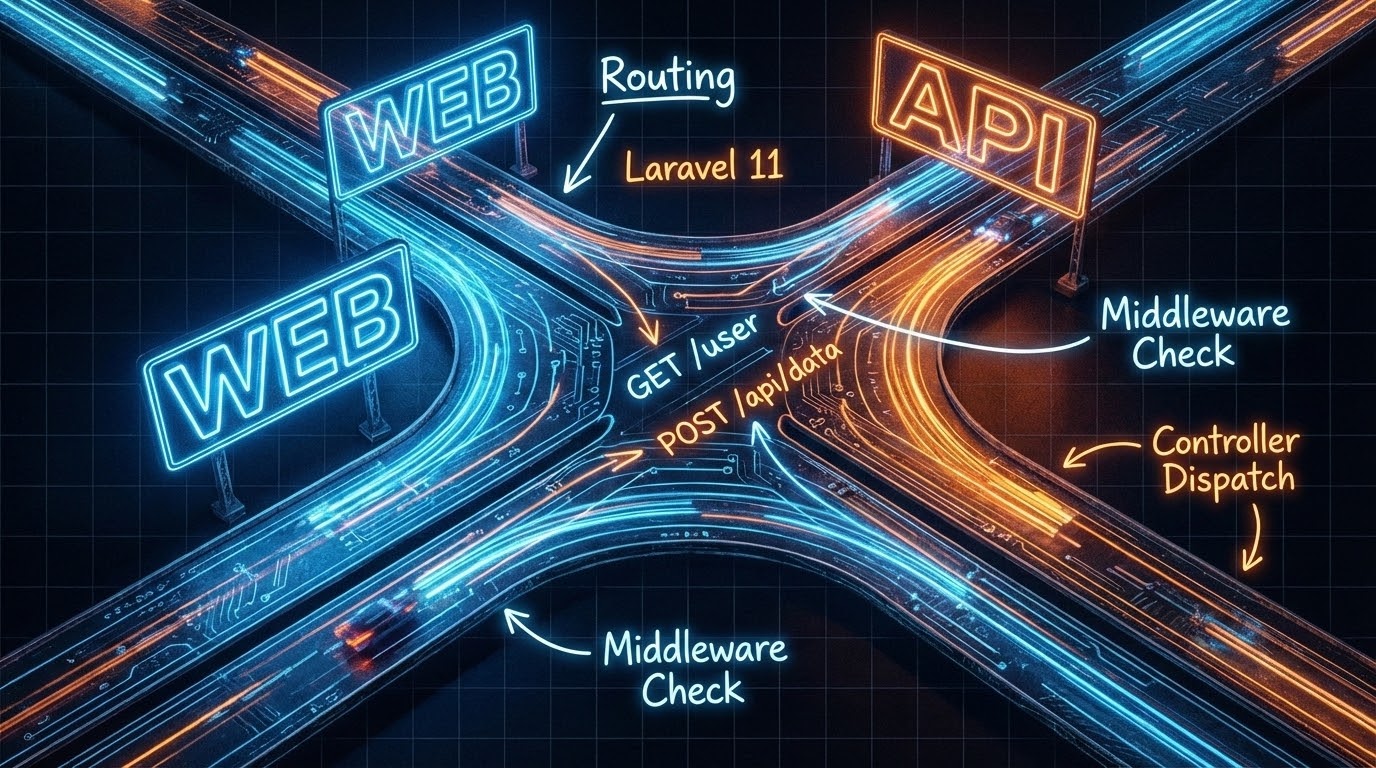A futuristic neon highway system representing Laravel Routing