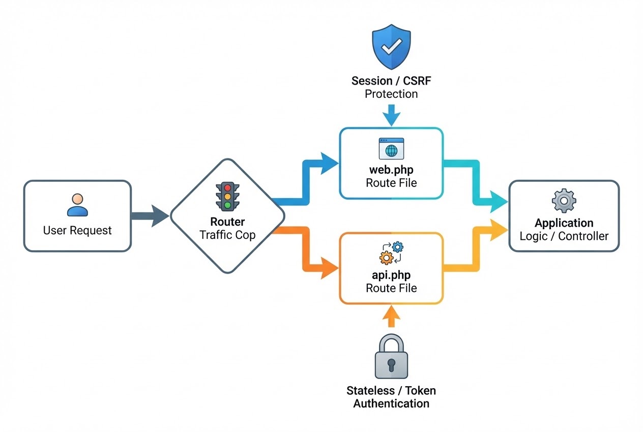 System flow diagram showing User Request branching into web.php and api.php paths