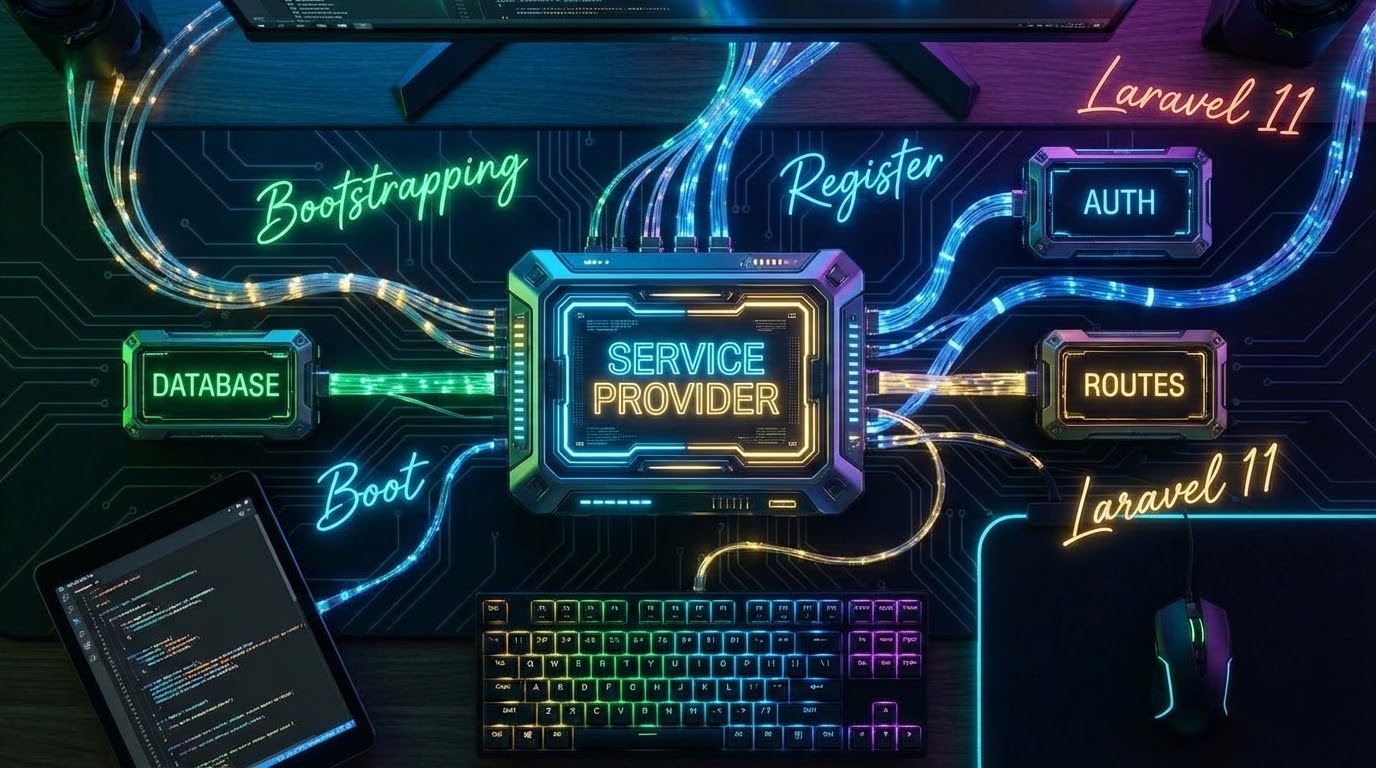 A futuristic central control panel representing Laravel Service Providers routing configurations to application modules