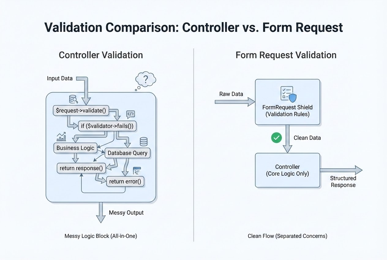 System flow diagram comparing Controller Validation vs Form Request Validation