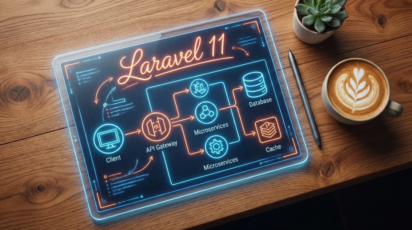 A glowing futuristic blueprint of a minimalist web architecture on a wooden desk with a cup of coffee