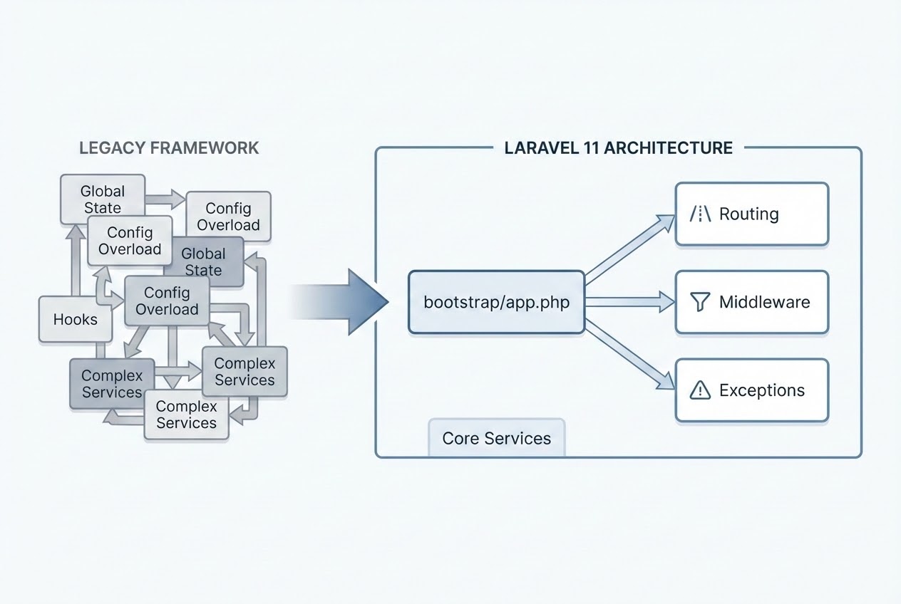 Clean minimalist system flow diagram showing the transition to Laravel 11's streamlined architecture