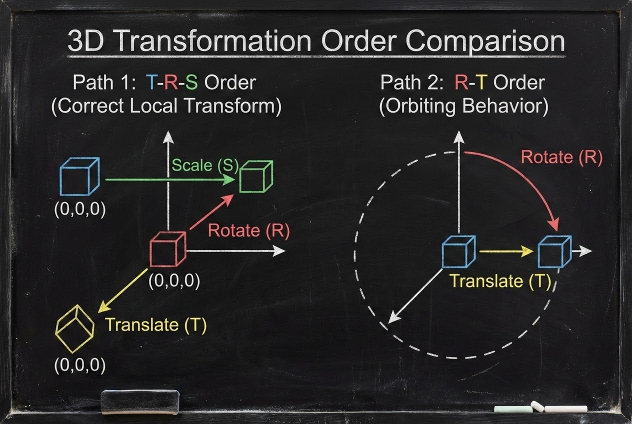 รูปประกอบเปรียบเทียบผลลัพธ์ของการสลับลำดับ Translate และ Rotate