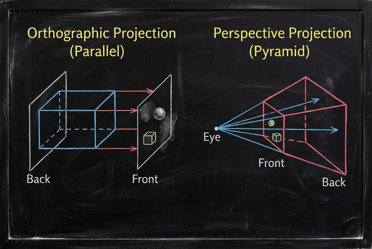 รูปประกอบเปรียบเทียบกล่อง Orthographic Frustum และการฉายภาพแบบขนาน