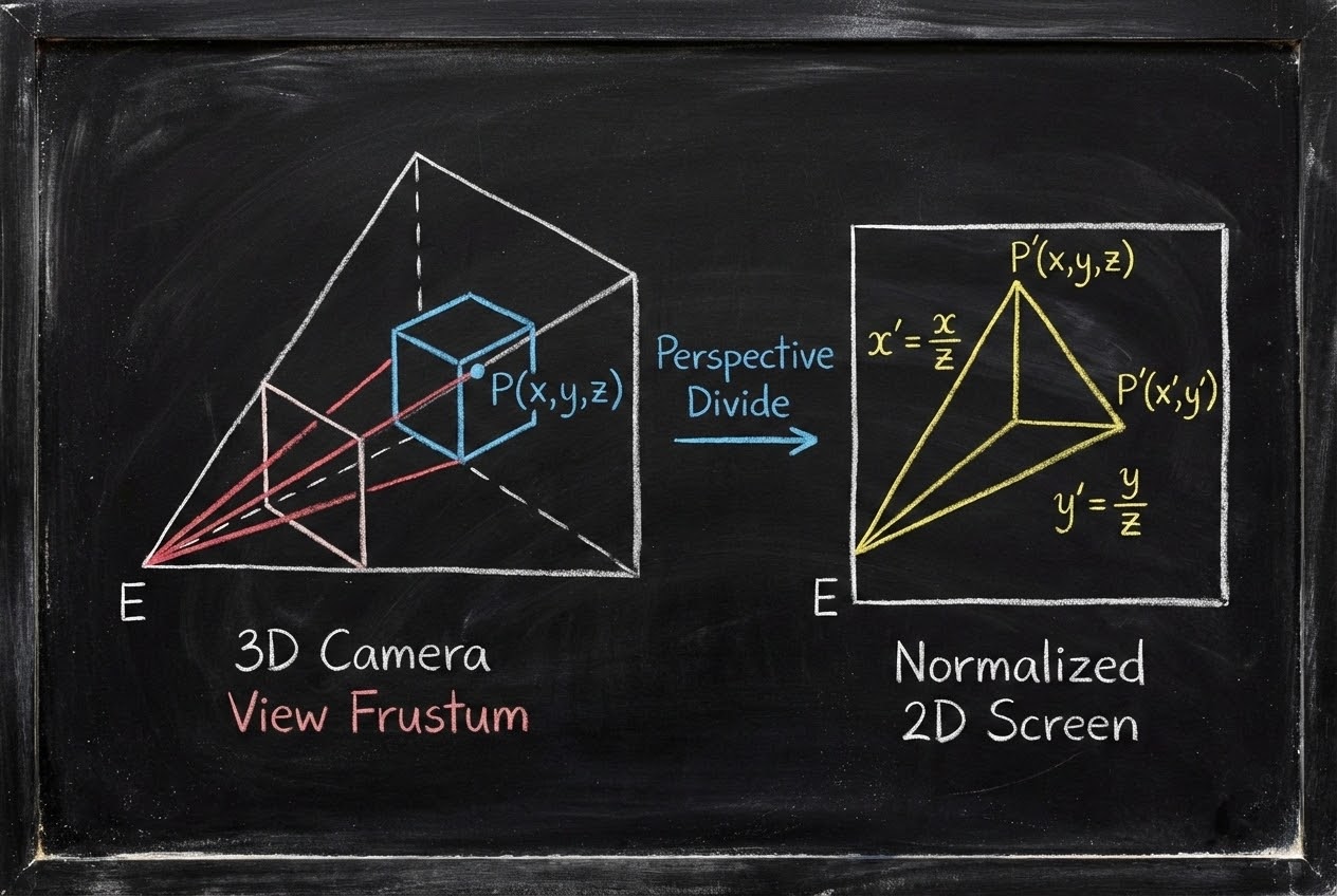 รูปประกอบการใช้สามเหลี่ยมคล้ายในการฉายภาพ Perspective