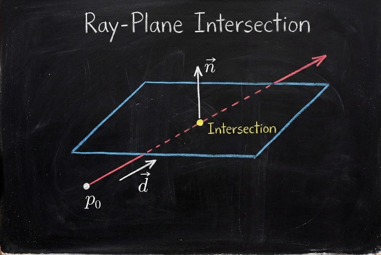 รูปประกอบการตัดกันของรังสีและระนาบ (Ray-Plane Intersection)