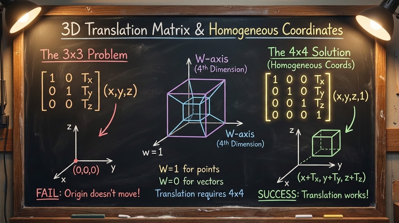 รูปปกกระดานดำชอล์กสีเรื่อง Translation Matrix และ Homogeneous Coordinates